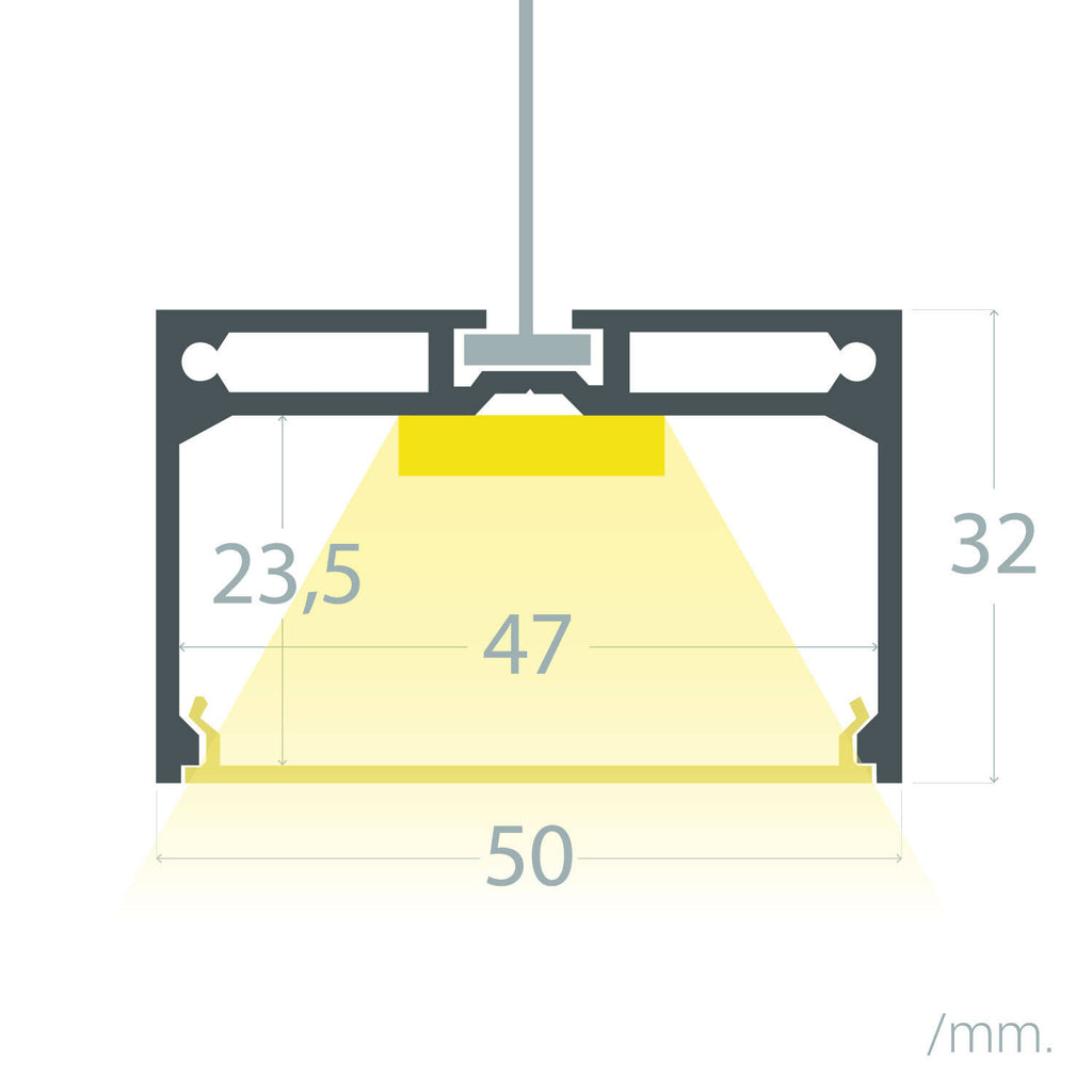 Perfil Aluminio Colgante XL para Tira LED hasta 45 mm con Tapa Continua
