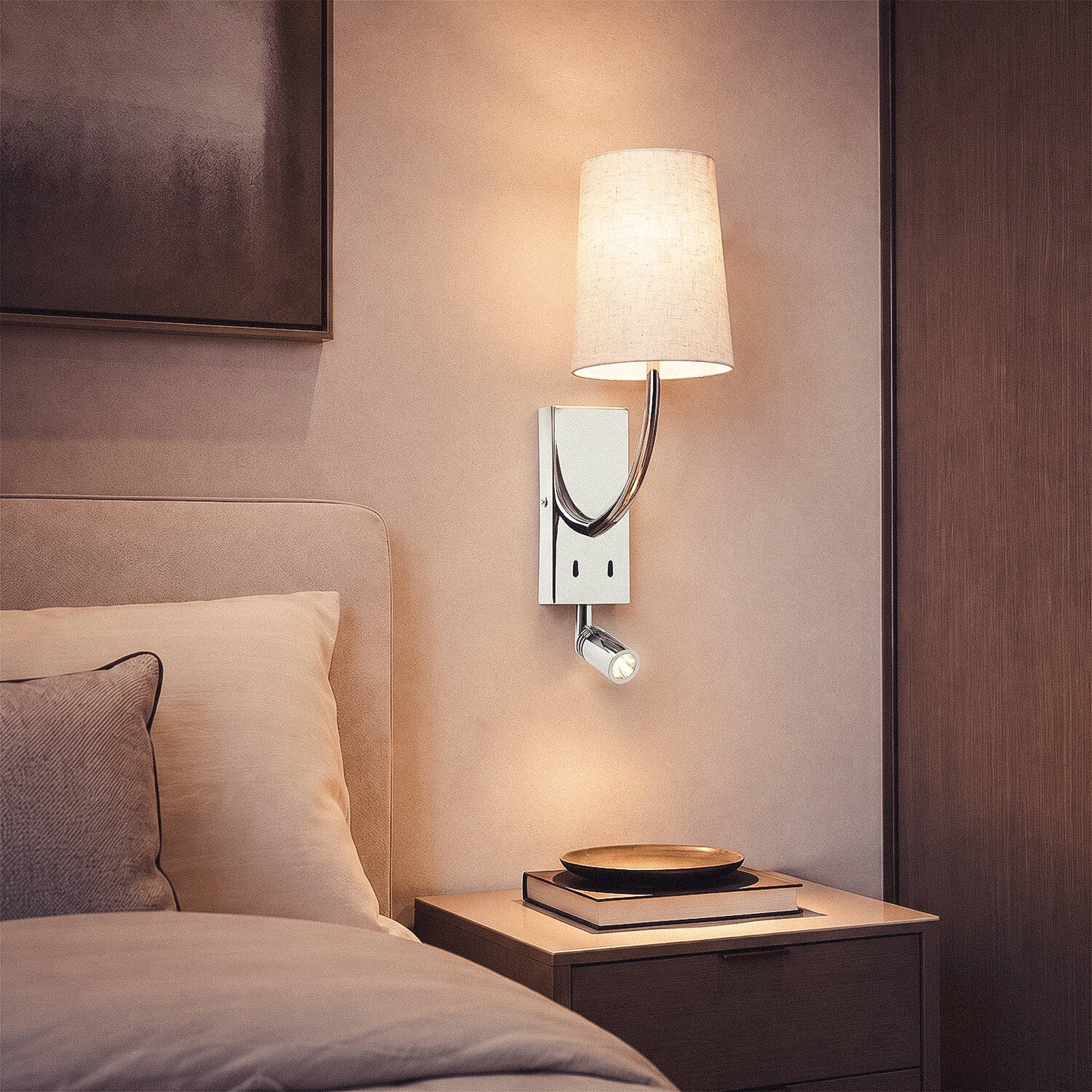 Aplique de Pared con Pantalla de Metal y Lino con Luz de Lectura Suite