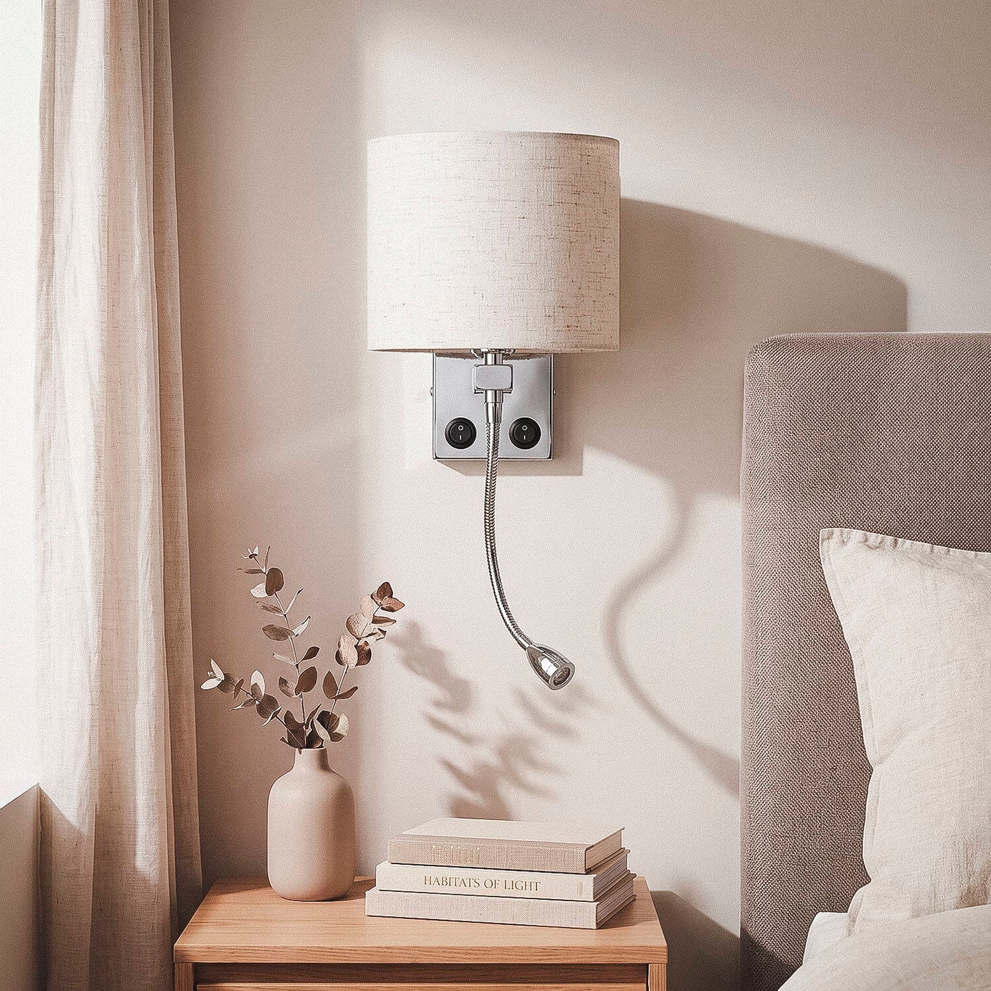 Aplique de Pared con Pantalla Metal y Lino con Luz de Lectura Ozu