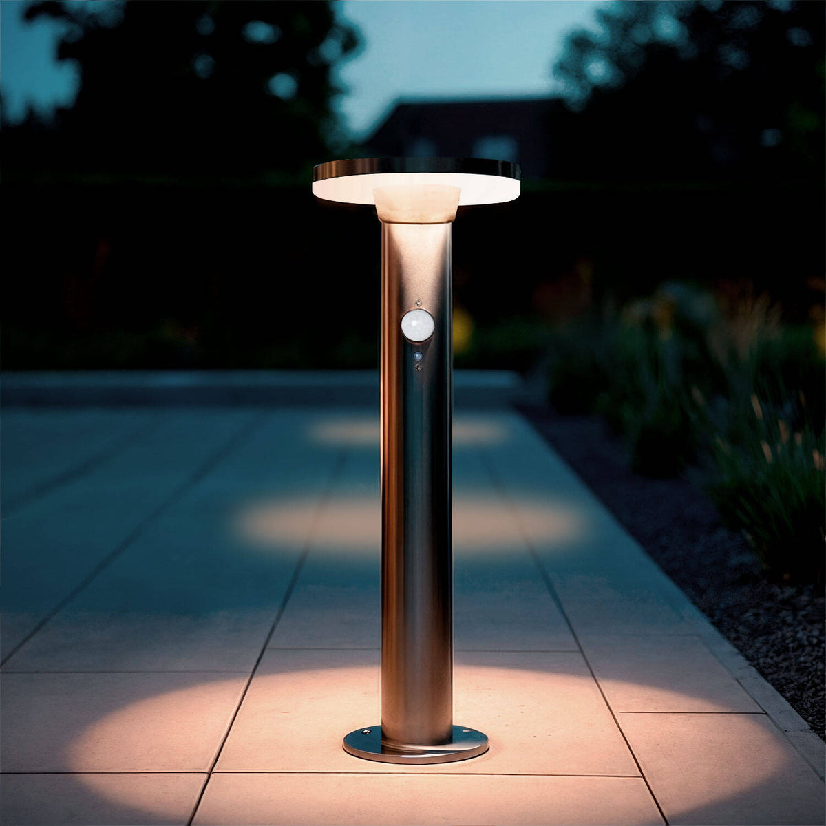 Baliza Solar Exterior LED 6W Superficie Pie 45cm con Detector de Movimiento Helios Inox