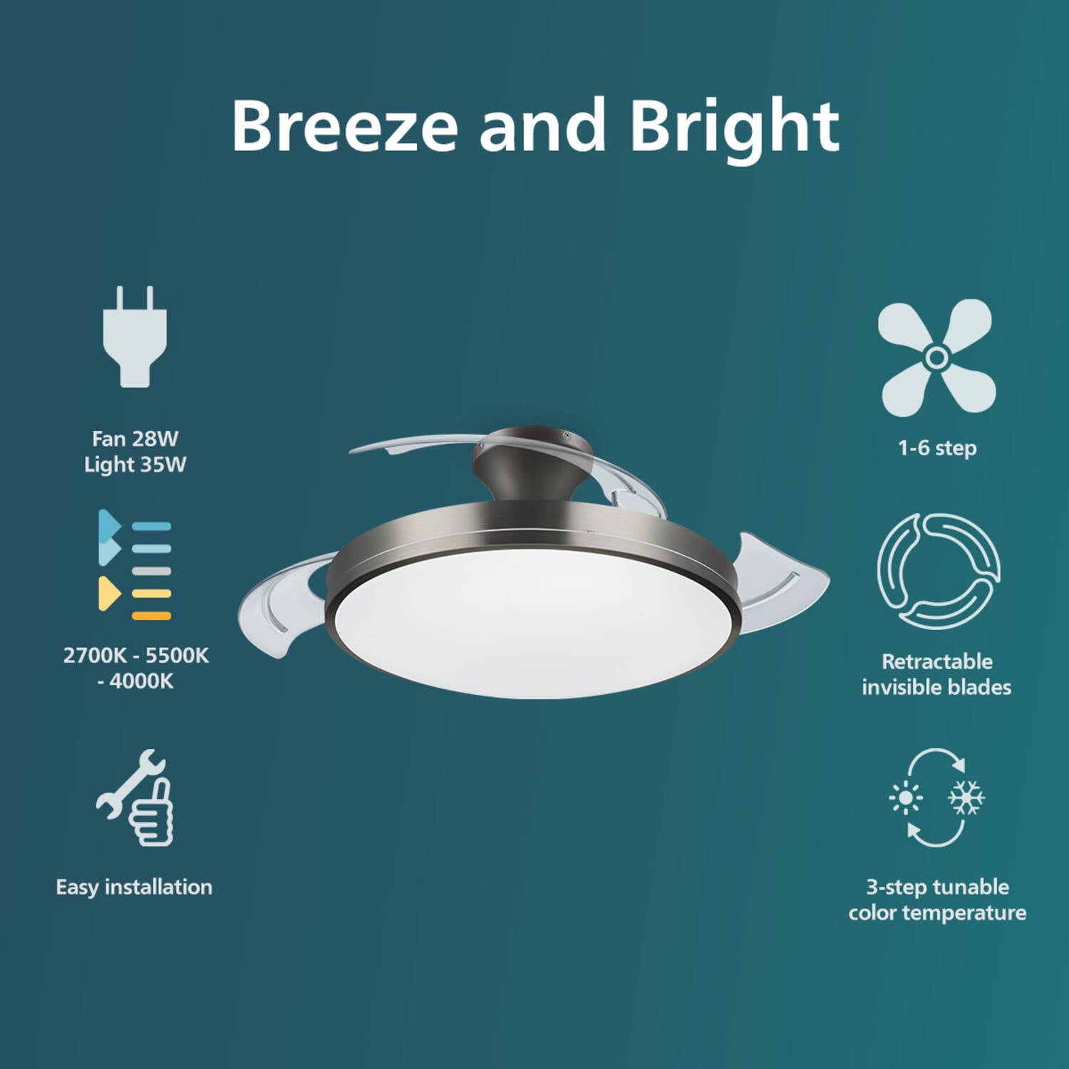 Ventilador de techo Silencioso Atlas 49cm Motor DC PHILIPS 929004081901